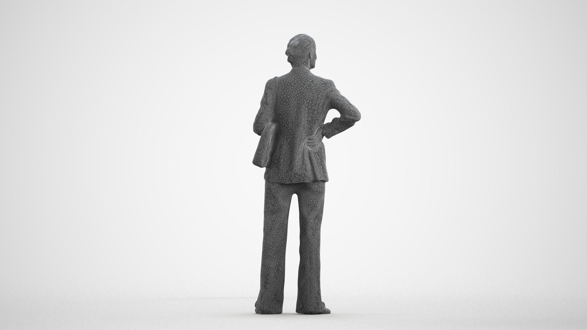 3D human model senior woman business, photogrammetry scanned person for archviz, wireframe front view