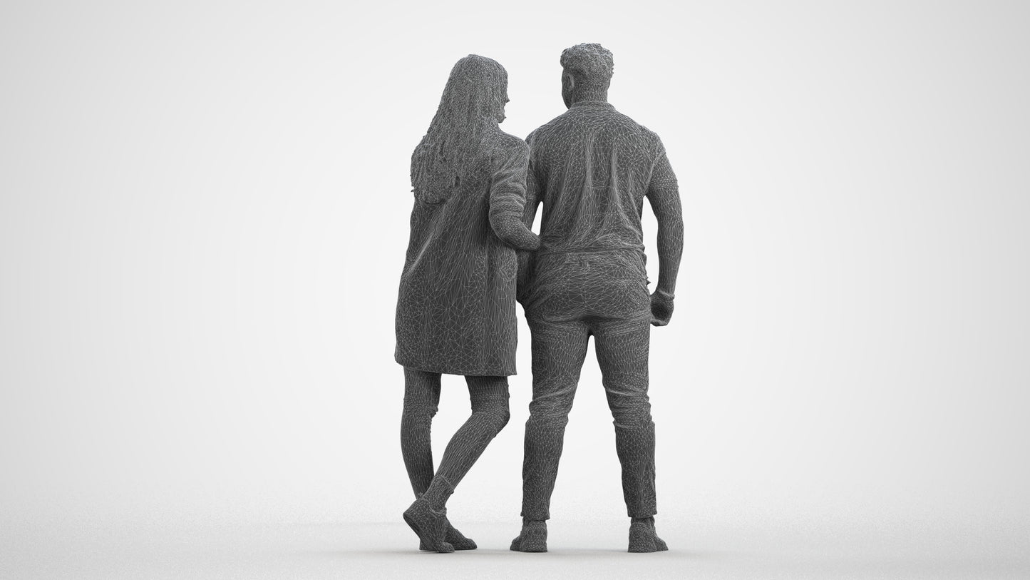 realistic 3D human man casual couple, archviz people FBX OBJ for Blender, wireframe front view