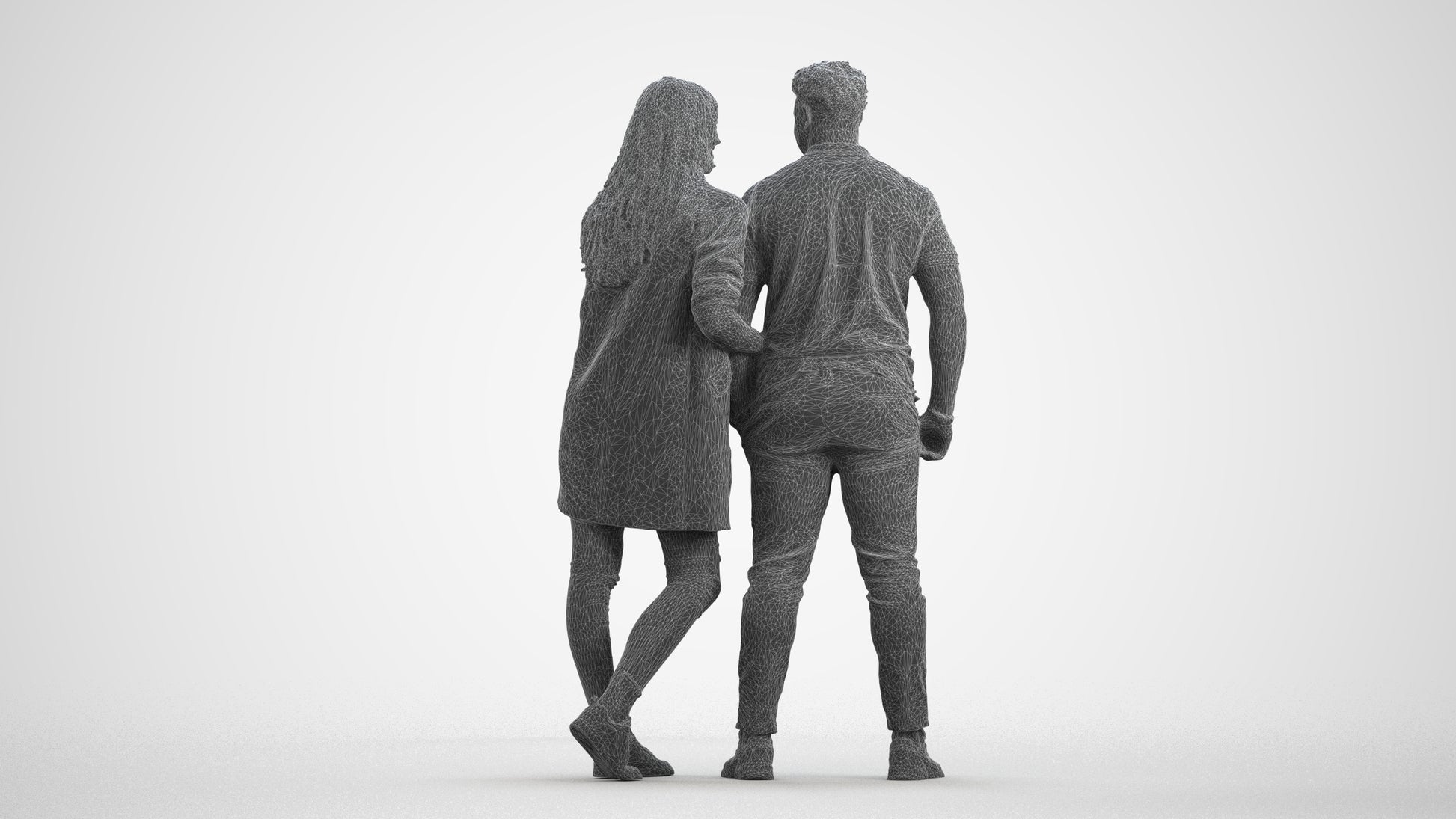 realistic 3D human man casual couple, archviz people FBX OBJ for Blender, wireframe front view