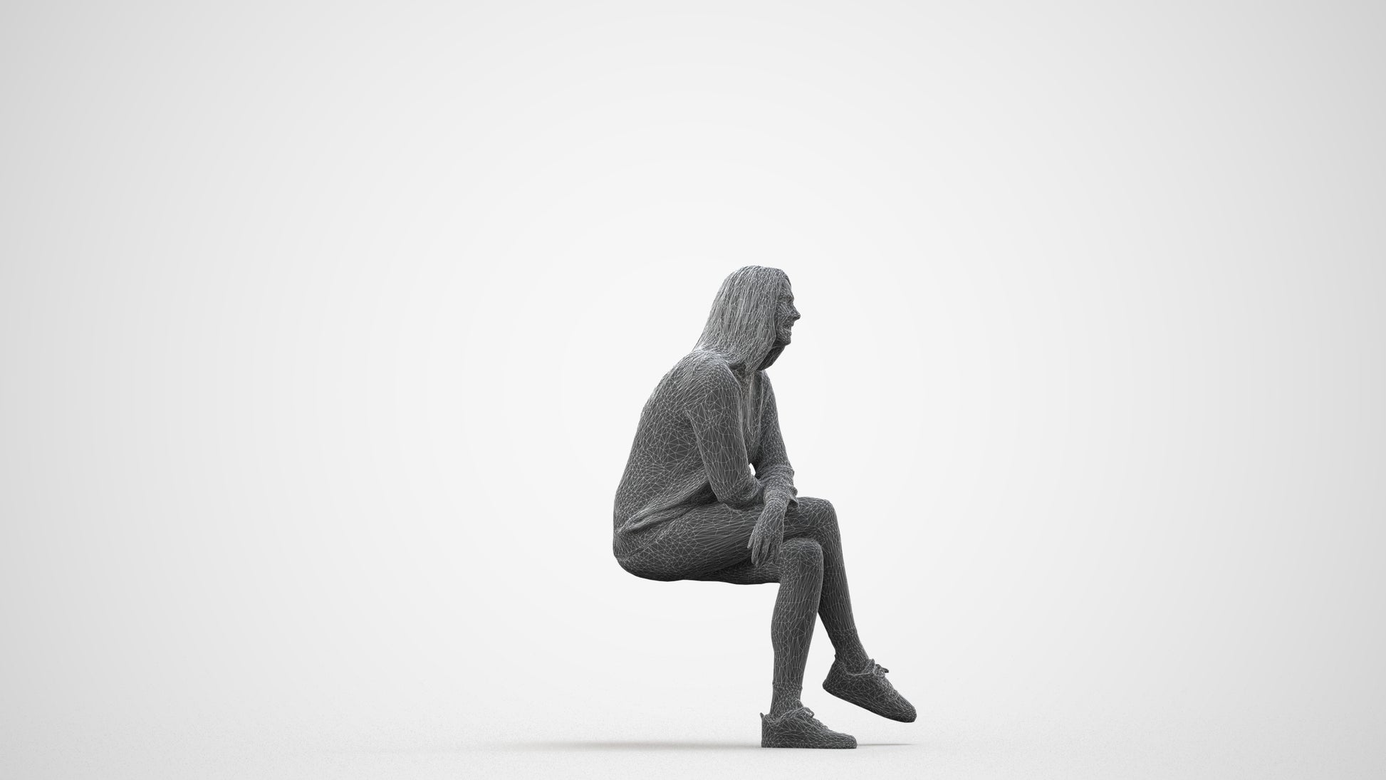 3D people model woman casual sitting, scanned human for 3ds Max rendering, wireframe side view
