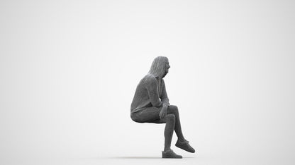 3D people model woman casual sitting, scanned human for 3ds Max rendering, wireframe side view
