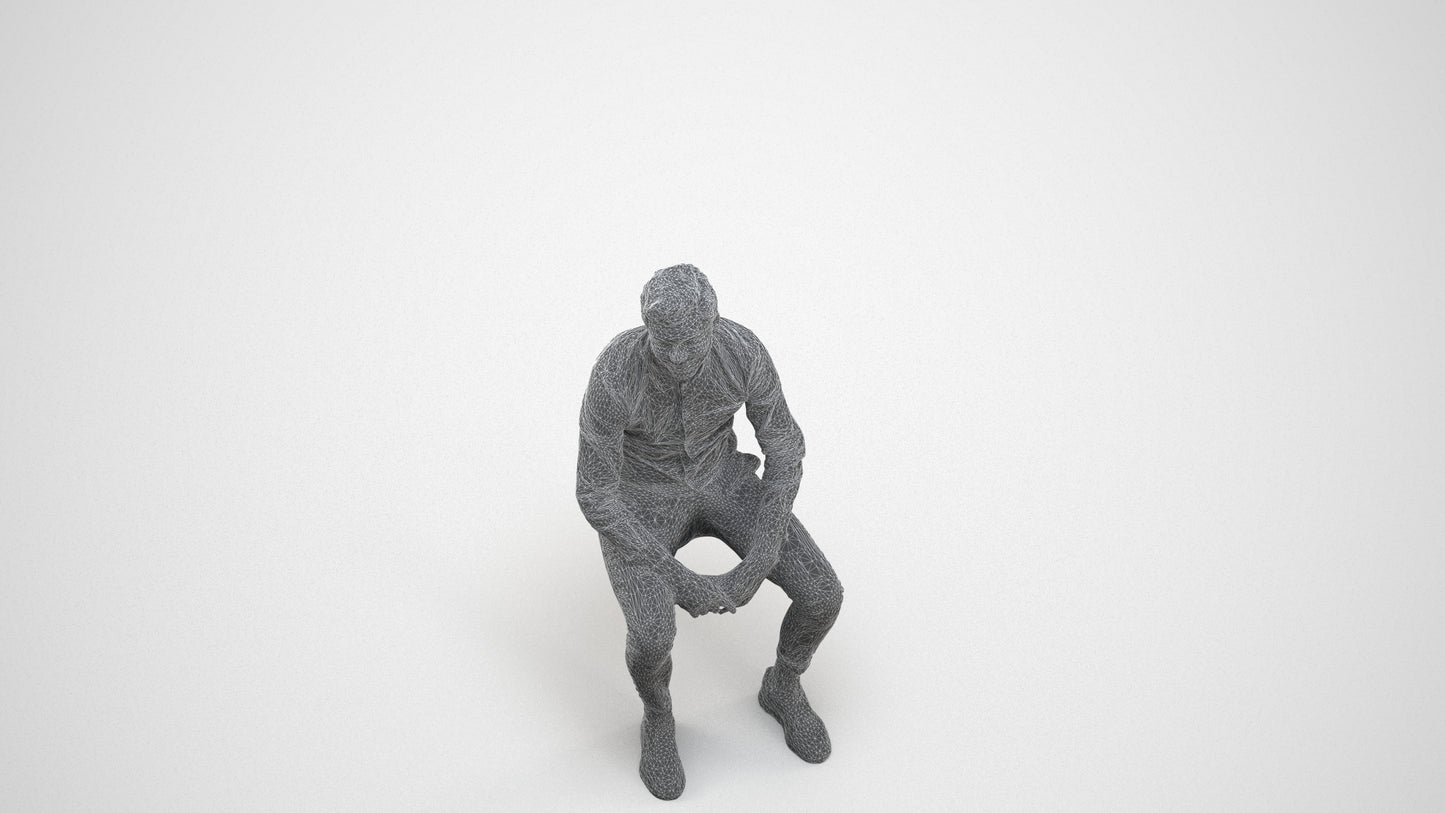 realistic 3D man casual sitting, scanned archviz people for Blender and 3ds Max, wireframe three-quarter view