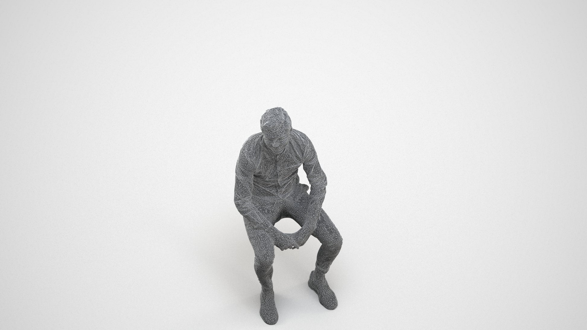 realistic 3D man casual sitting, scanned archviz people for Blender and 3ds Max, wireframe three-quarter view