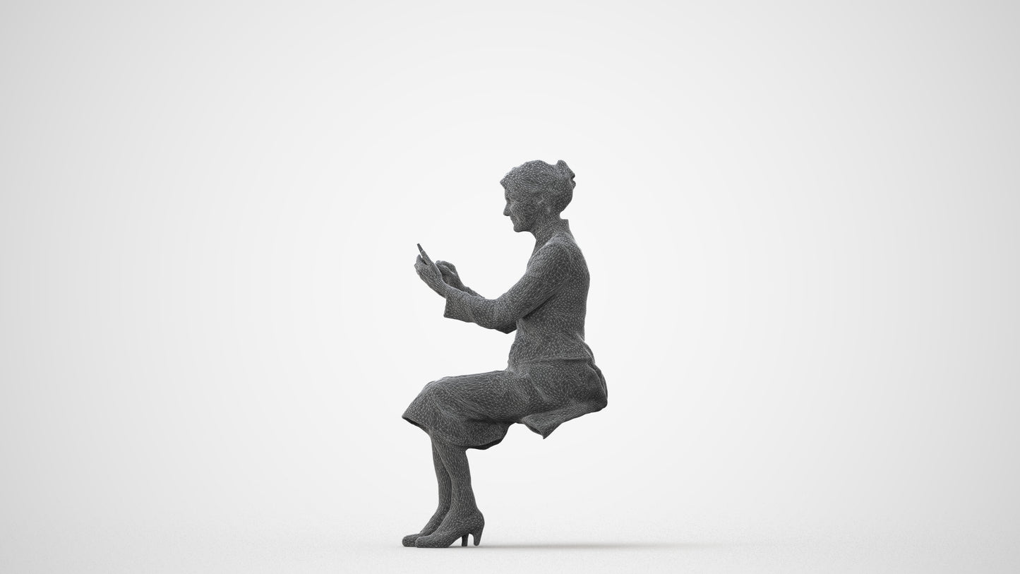 3D human model senior woman business sitting, photogrammetry scanned person for archviz, square thumbnail