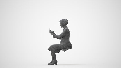 3D human model senior woman business sitting, photogrammetry scanned person for archviz, square thumbnail