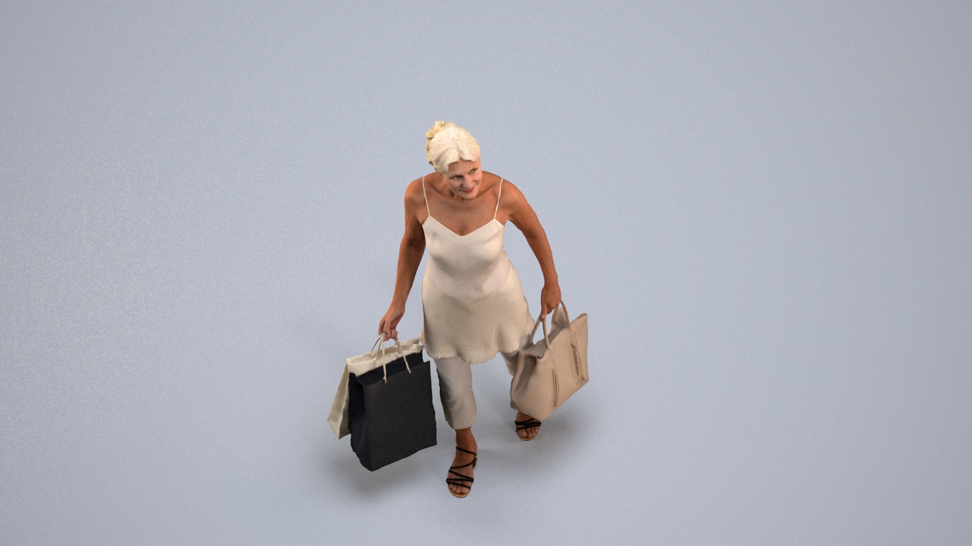 3D human model senior woman casual shopping, photogrammetry scanned person for archviz, back view render