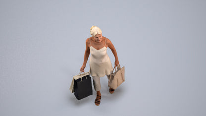 3D human model senior woman casual shopping, photogrammetry scanned person for archviz, back view render