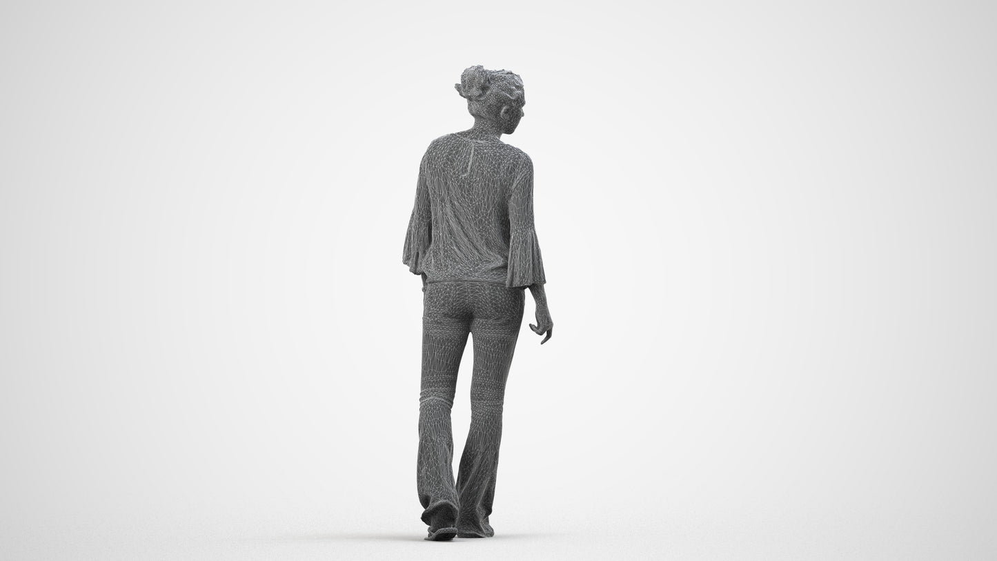 realistic 3D people woman casual walking, render-ready for V-Ray and Corona, FBX OBJ, wireframe side view