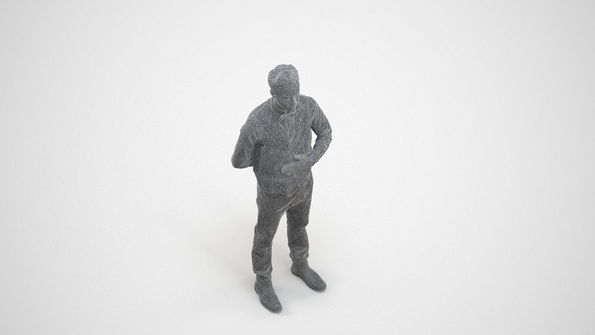 scanned 3D man hospitality, photogrammetry people for Enscape and V-Ray, wireframe three-quarter view
