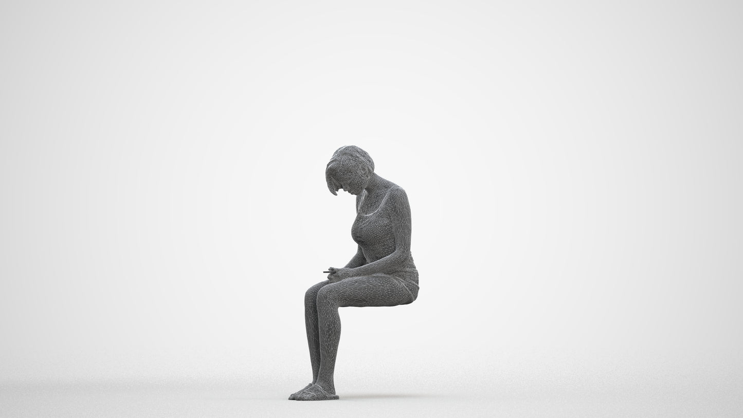 realistic 3D woman casual sitting, scanned archviz people for Blender and 3ds Max, three-quarter front view render