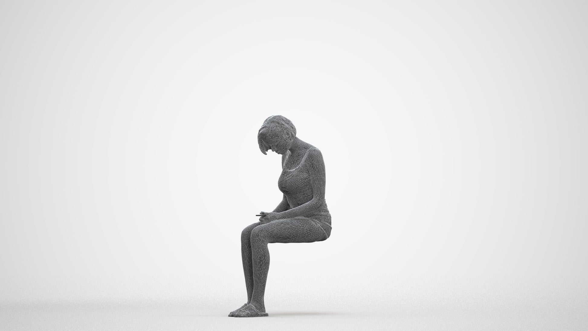 realistic 3D woman casual sitting, scanned archviz people for Blender and 3ds Max, three-quarter front view render