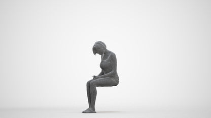 realistic 3D woman casual sitting, scanned archviz people for Blender and 3ds Max, three-quarter front view render