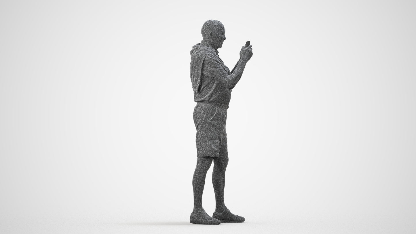 realistic 3D senior man casual standing, scanned archviz people for Blender and 3ds Max, wireframe side view