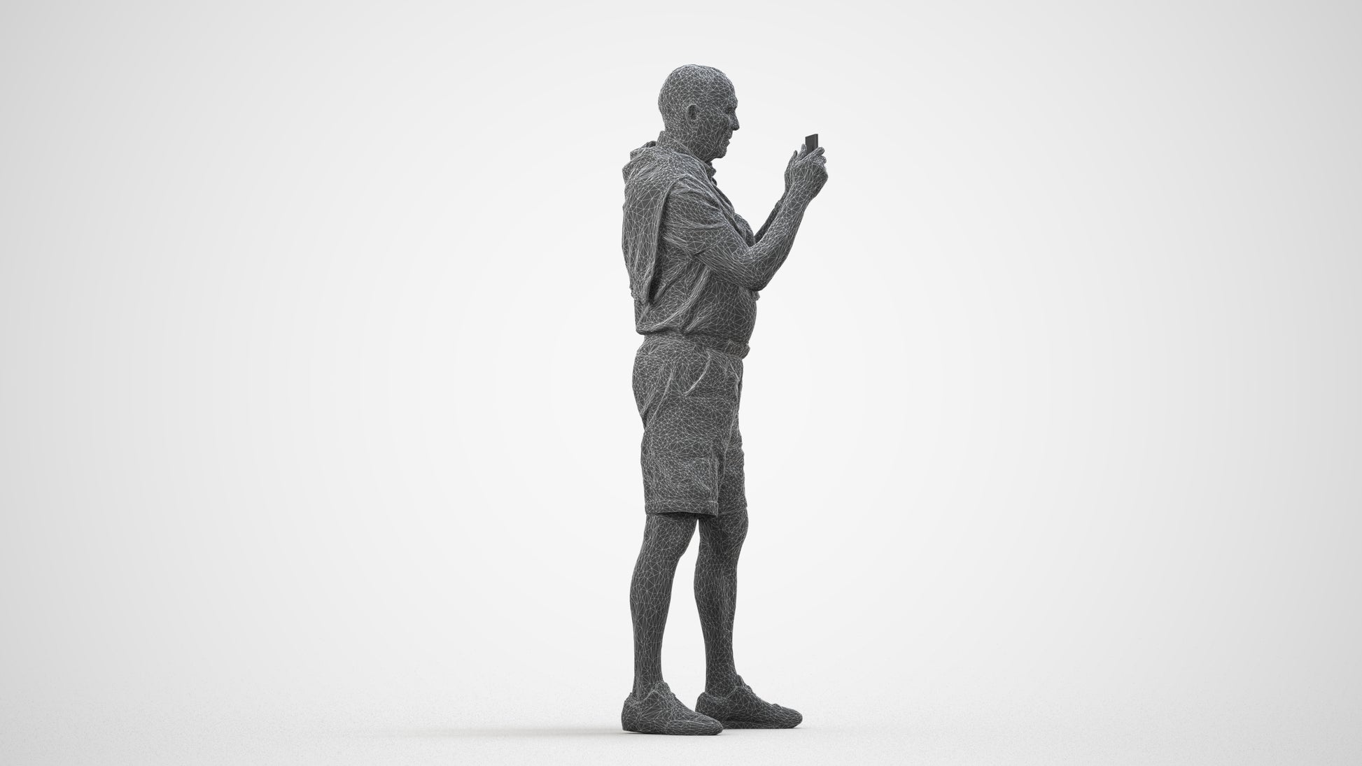 realistic 3D senior man casual standing, scanned archviz people for Blender and 3ds Max, wireframe side view