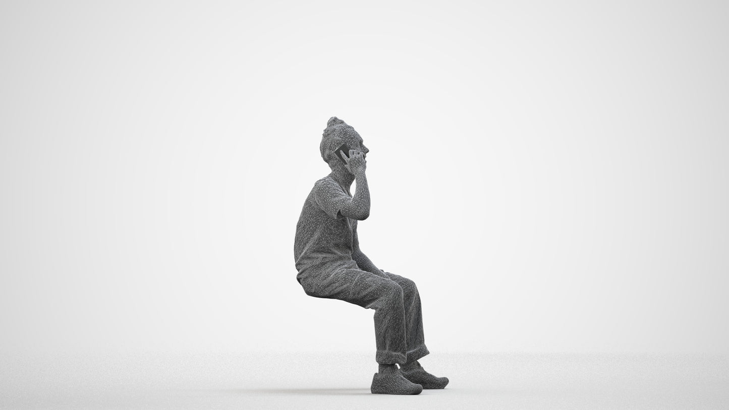 3D people model man casual sitting, scanned human for 3ds Max rendering, wireframe side view