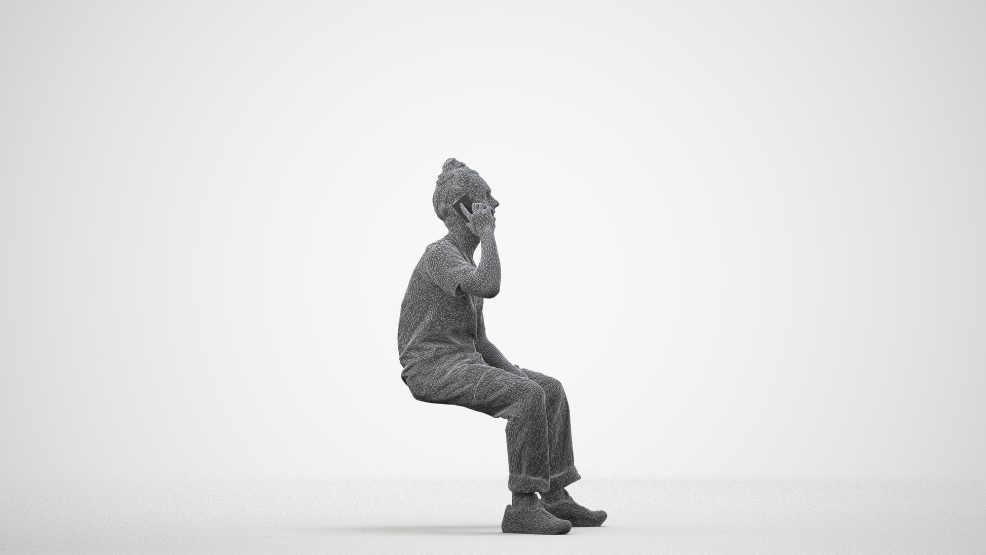 3D people model man casual sitting, scanned human for 3ds Max rendering, wireframe side view