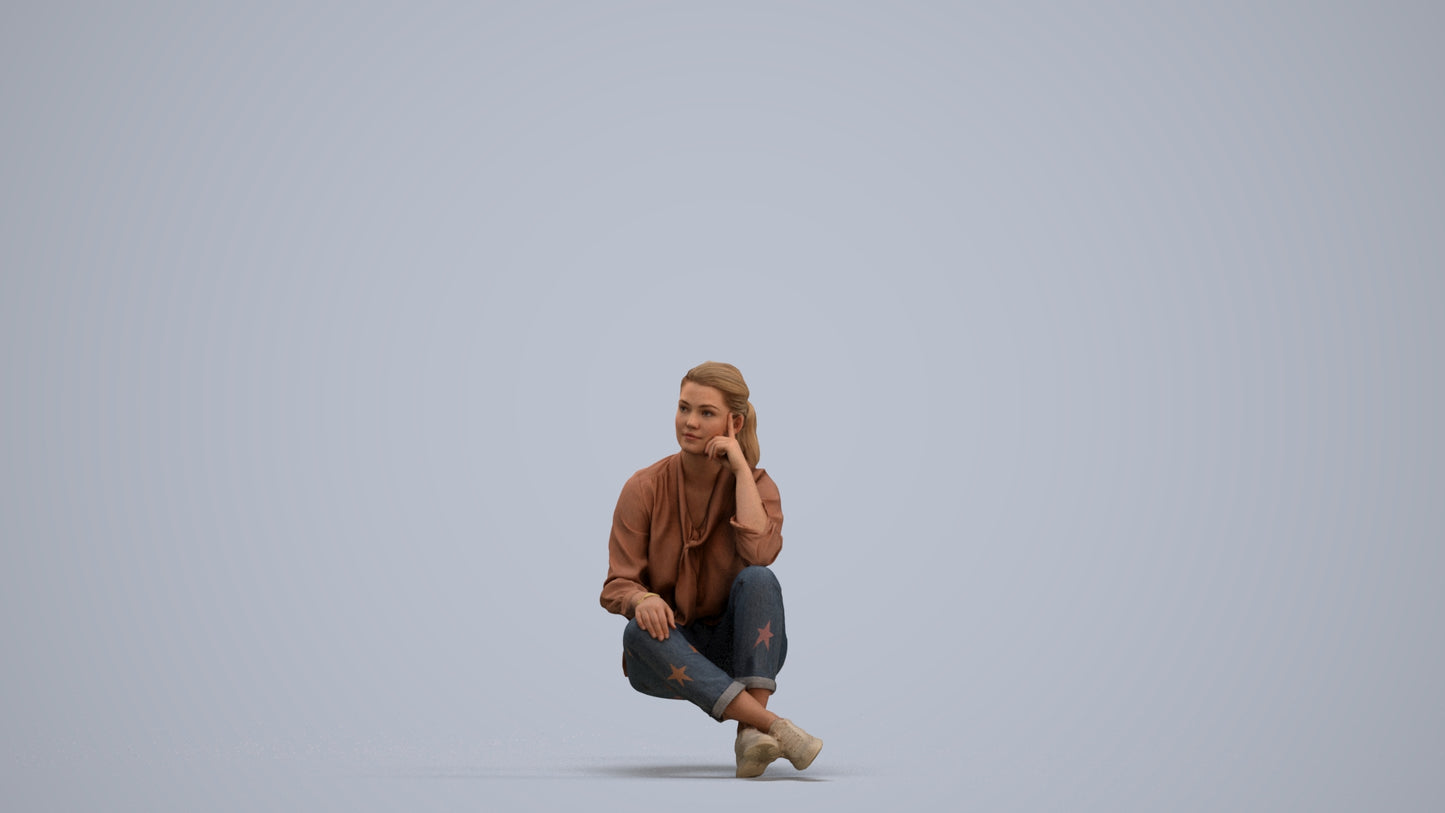 3D human model woman casual sitting, photogrammetry scanned person for archviz, standing pose render