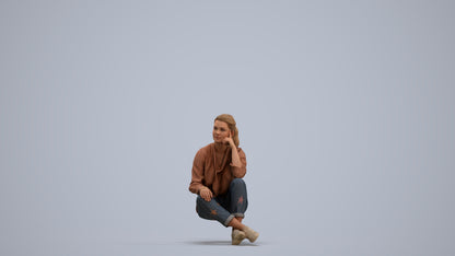 3D human model woman casual sitting, photogrammetry scanned person for archviz, standing pose render