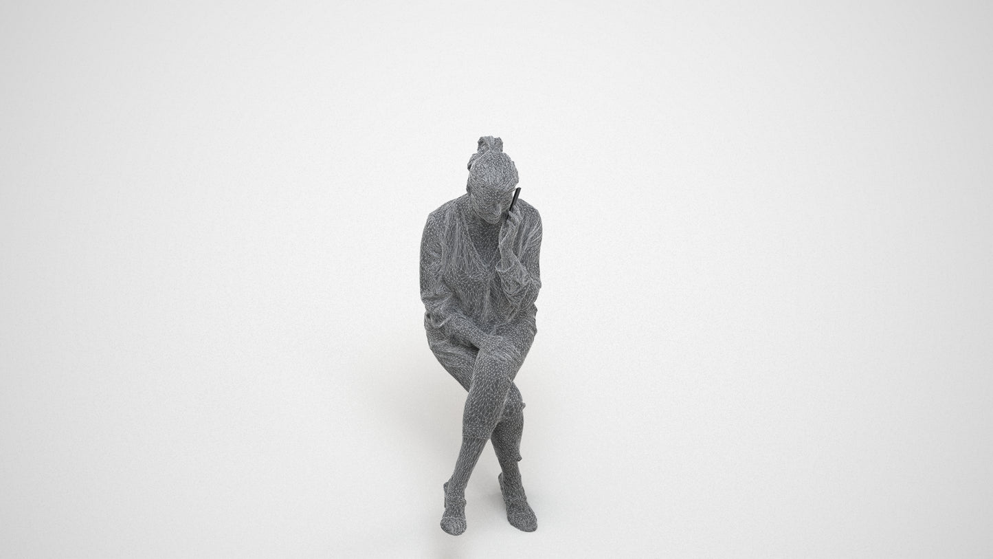 photogrammetry 3D woman casual sitting, realistic human model archviz FBX, wireframe three-quarter view