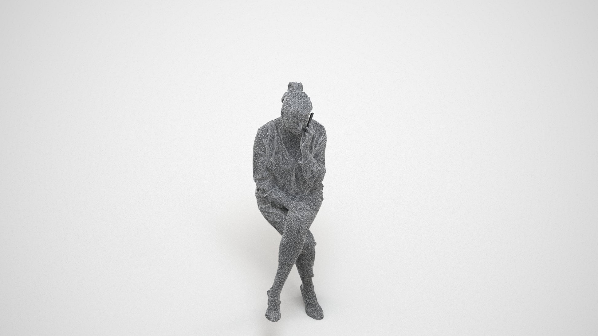 photogrammetry 3D woman casual sitting, realistic human model archviz FBX, wireframe three-quarter view