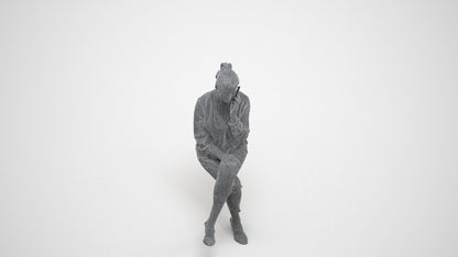 photogrammetry 3D woman casual sitting, realistic human model archviz FBX, wireframe three-quarter view