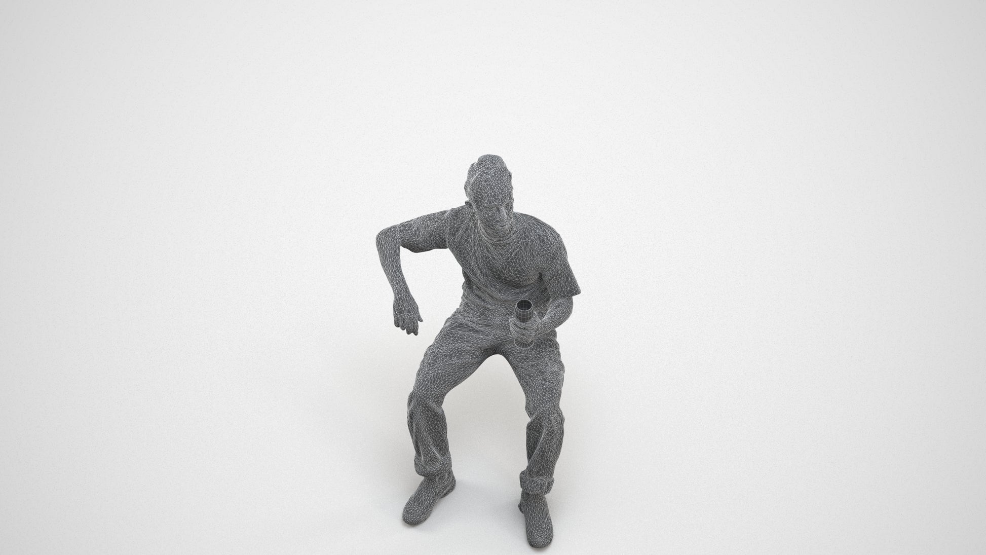3D human model man casual sitting, photogrammetry scanned person for archviz, wireframe three-quarter view