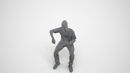 3D human model man casual sitting, photogrammetry scanned person for archviz, wireframe three-quarter view