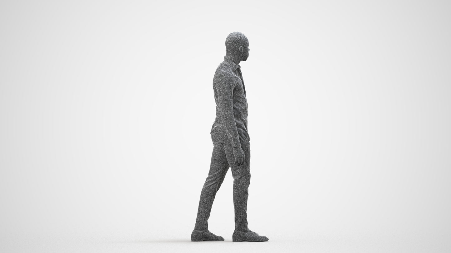 photogrammetry 3D man business walking, realistic human model archviz FBX, wireframe side view