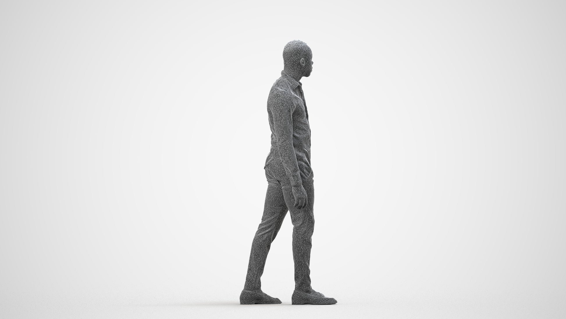 photogrammetry 3D man business walking, realistic human model archviz FBX, wireframe side view