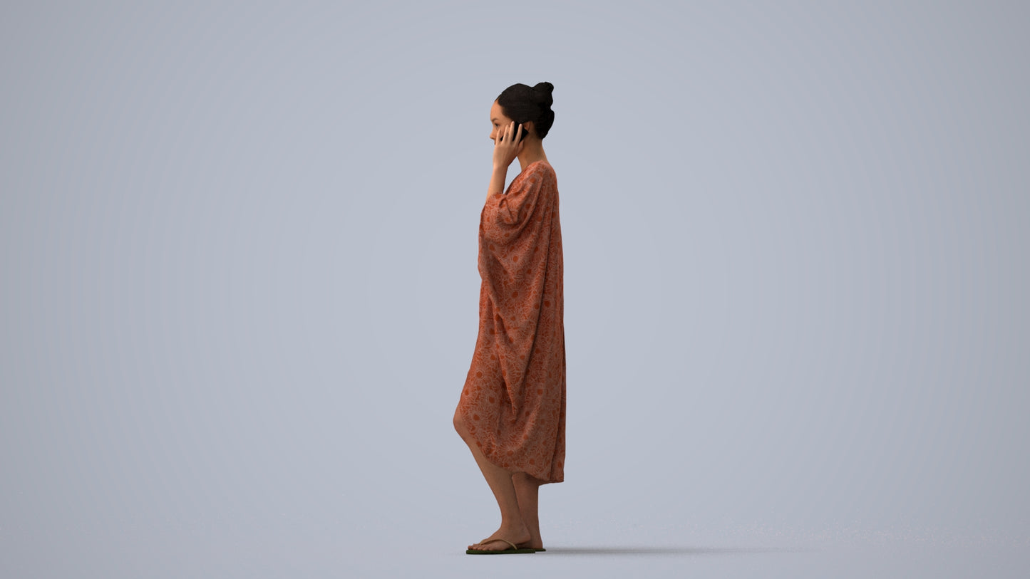 3D human model woman standing, photogrammetry scanned person for archviz, three-quarter view render