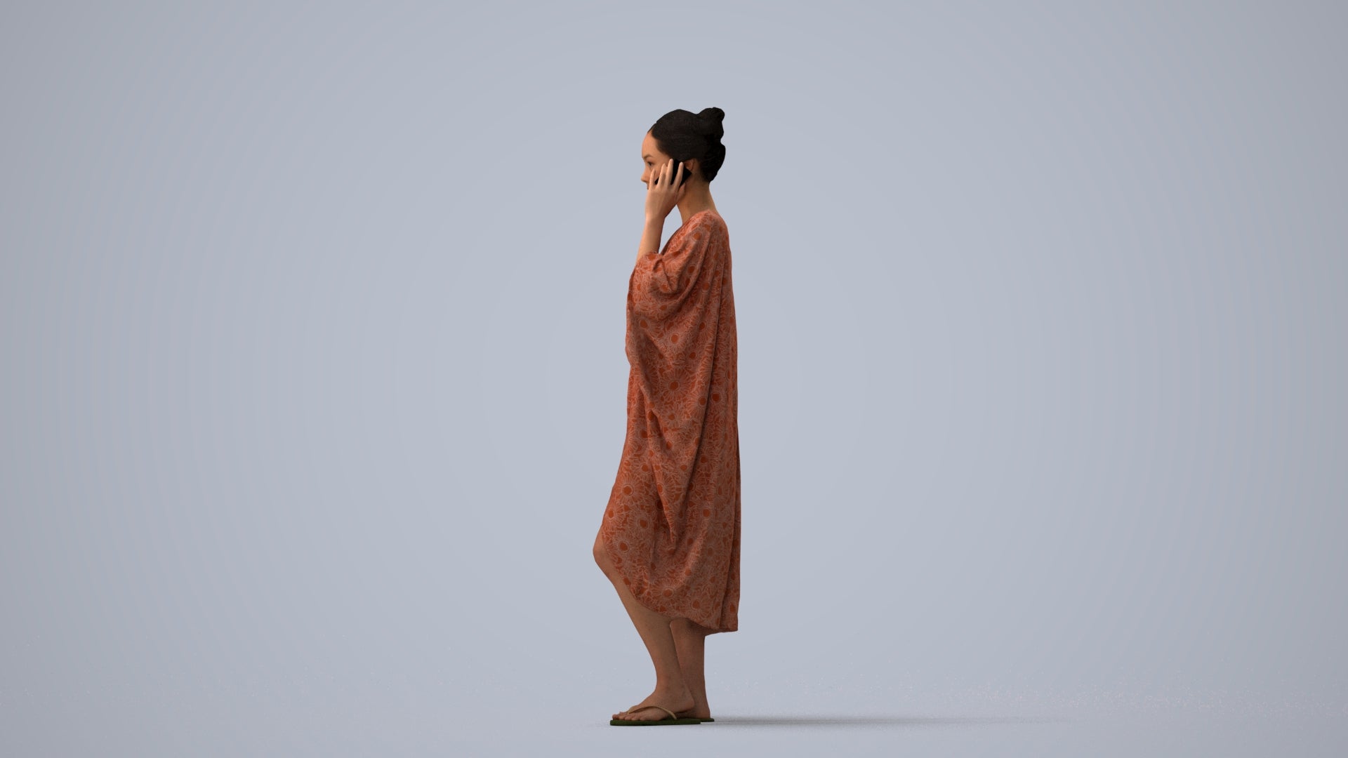 3D human model woman standing, photogrammetry scanned person for archviz, three-quarter view render