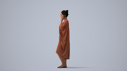 3D human model woman standing, photogrammetry scanned person for archviz, three-quarter view render
