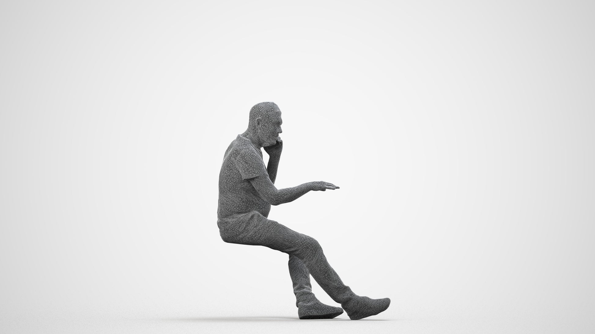 3D people model senior man casual sitting, scanned human for 3ds Max rendering, wireframe side view