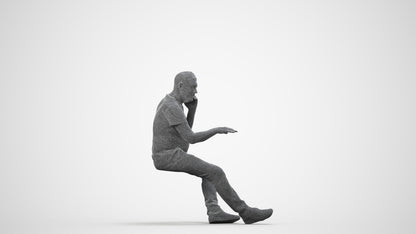 3D people model senior man casual sitting, scanned human for 3ds Max rendering, wireframe side view