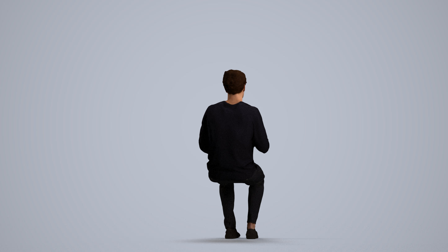 realistic 3D man casual sitting, scanned archviz people for Blender and 3ds Max, front view render