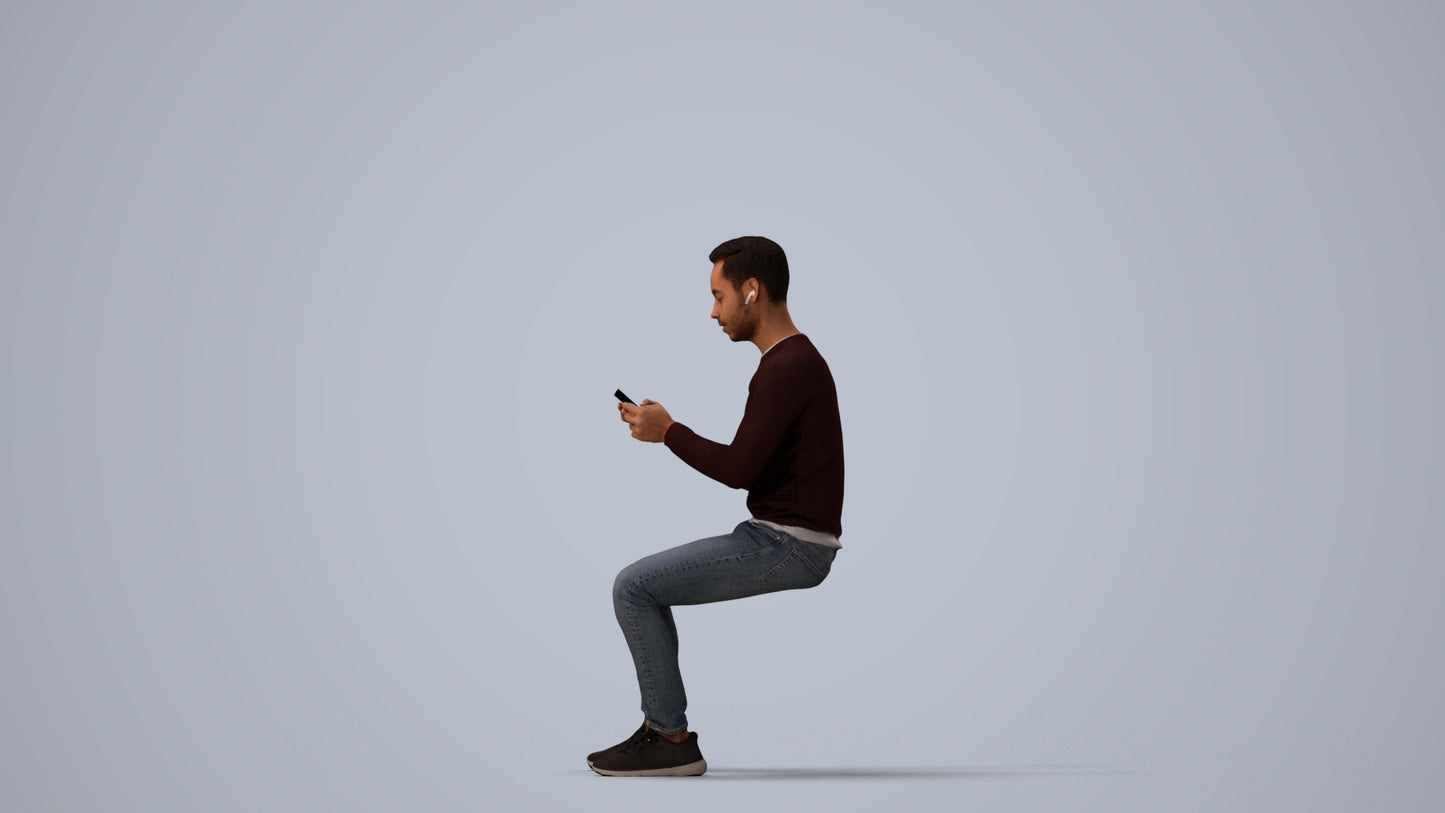 photogrammetry 3D man casual sitting, realistic human model archviz FBX, three-quarter view render