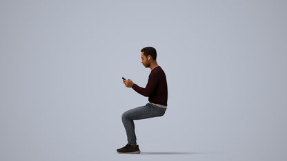 photogrammetry 3D man casual sitting, realistic human model archviz FBX, three-quarter view render