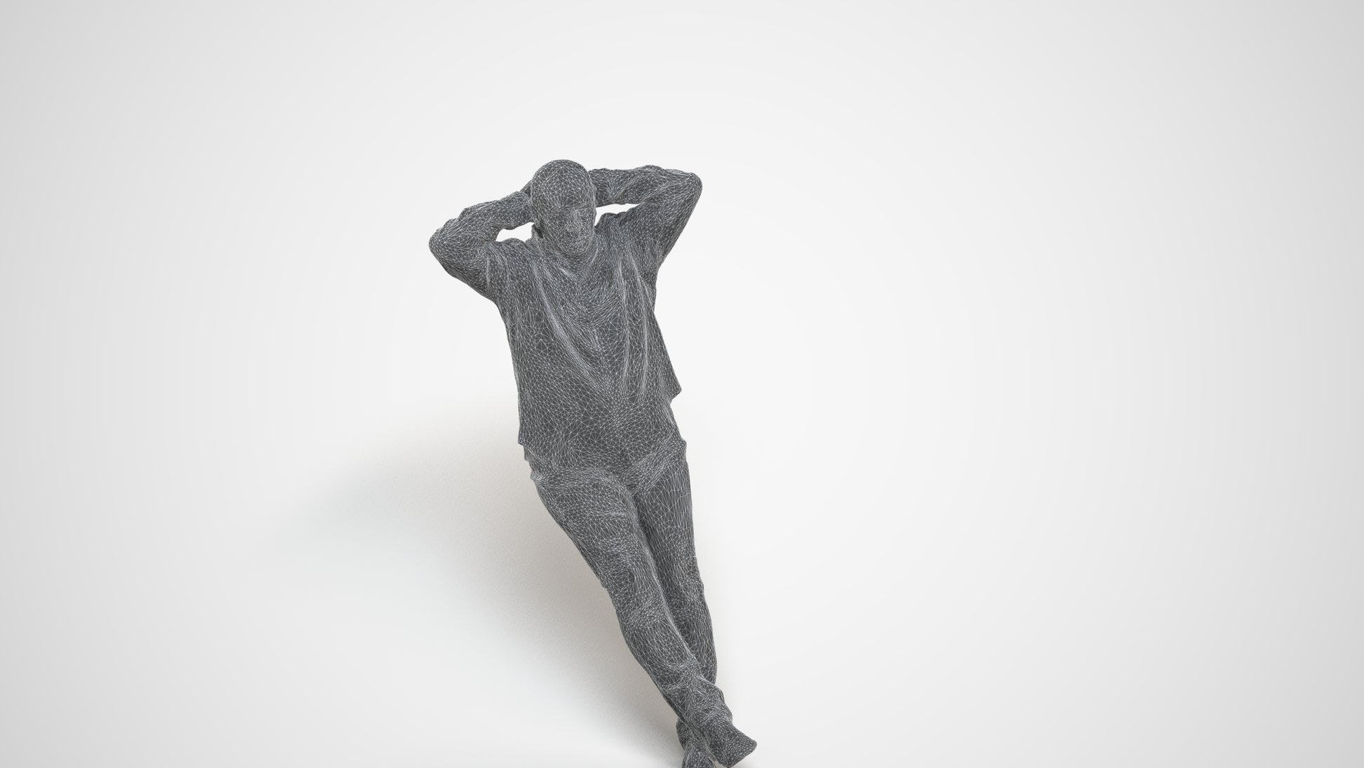 3D human model senior man casual sitting, photogrammetry scanned person for archviz, wireframe three-quarter view