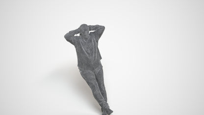 3D human model senior man casual sitting, photogrammetry scanned person for archviz, wireframe three-quarter view