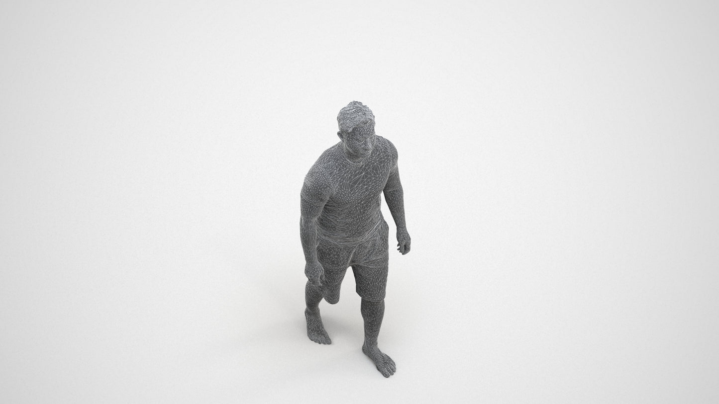 3D human model man sport walking, photogrammetry scanned person for archviz, wireframe three-quarter view