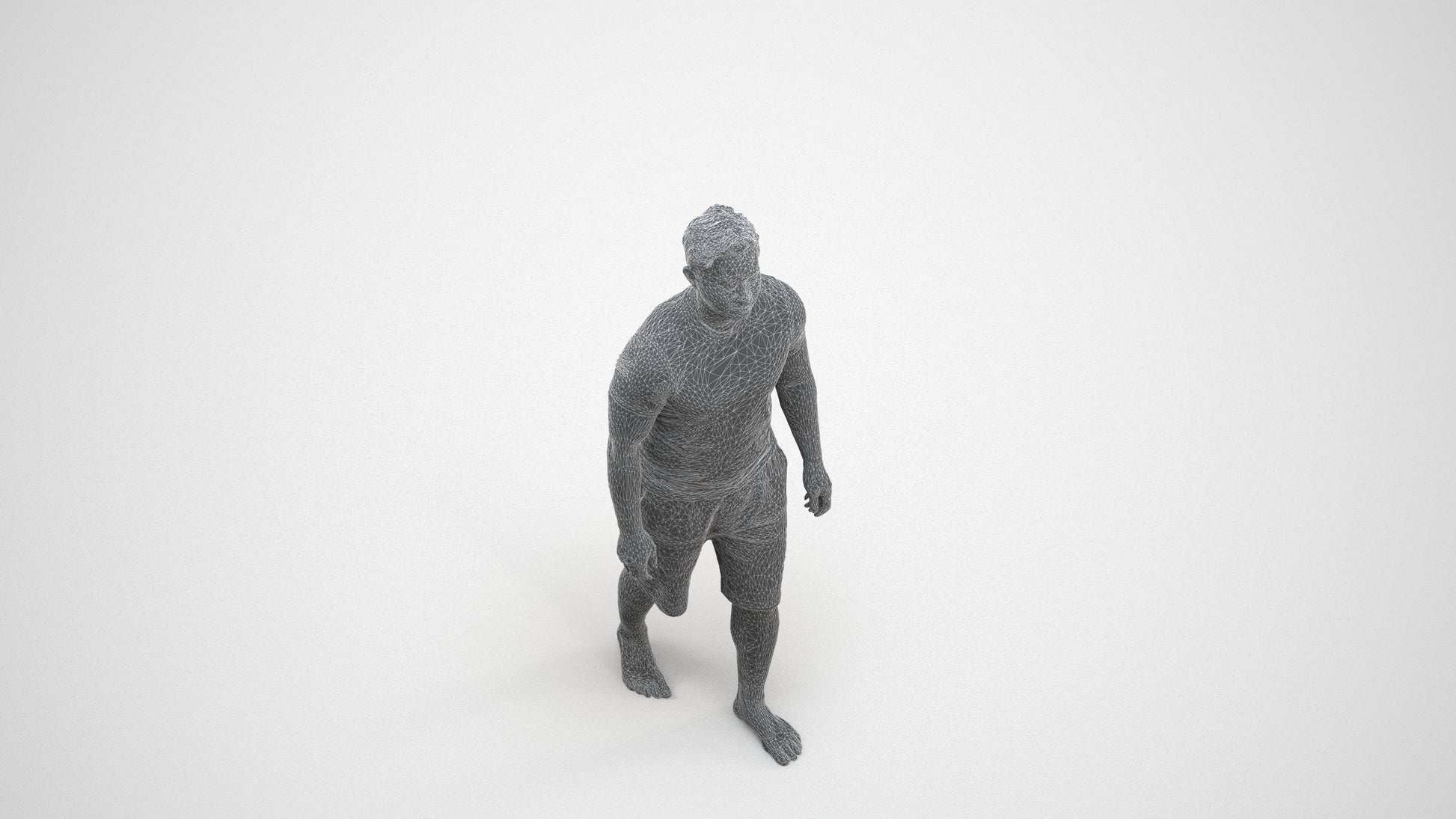 3D human model man sport walking, photogrammetry scanned person for archviz, wireframe three-quarter view