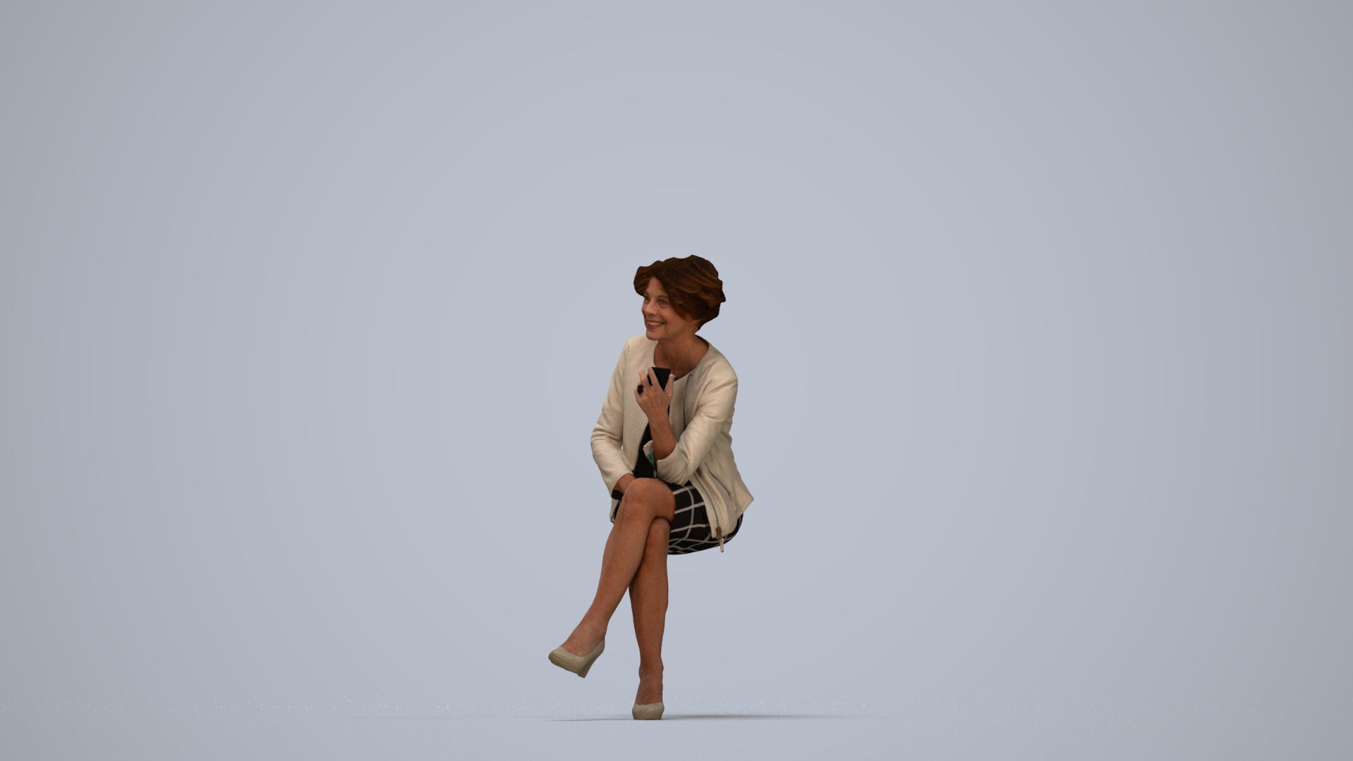 realistic 3D human woman business sitting, archviz people FBX OBJ for Blender, top-down view render