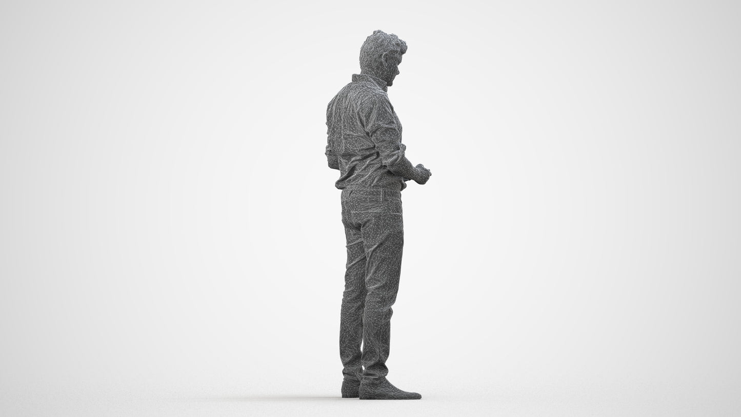 3D scanned man standing casual, photorealistic archviz people for Enscape and SketchUp, wireframe side view