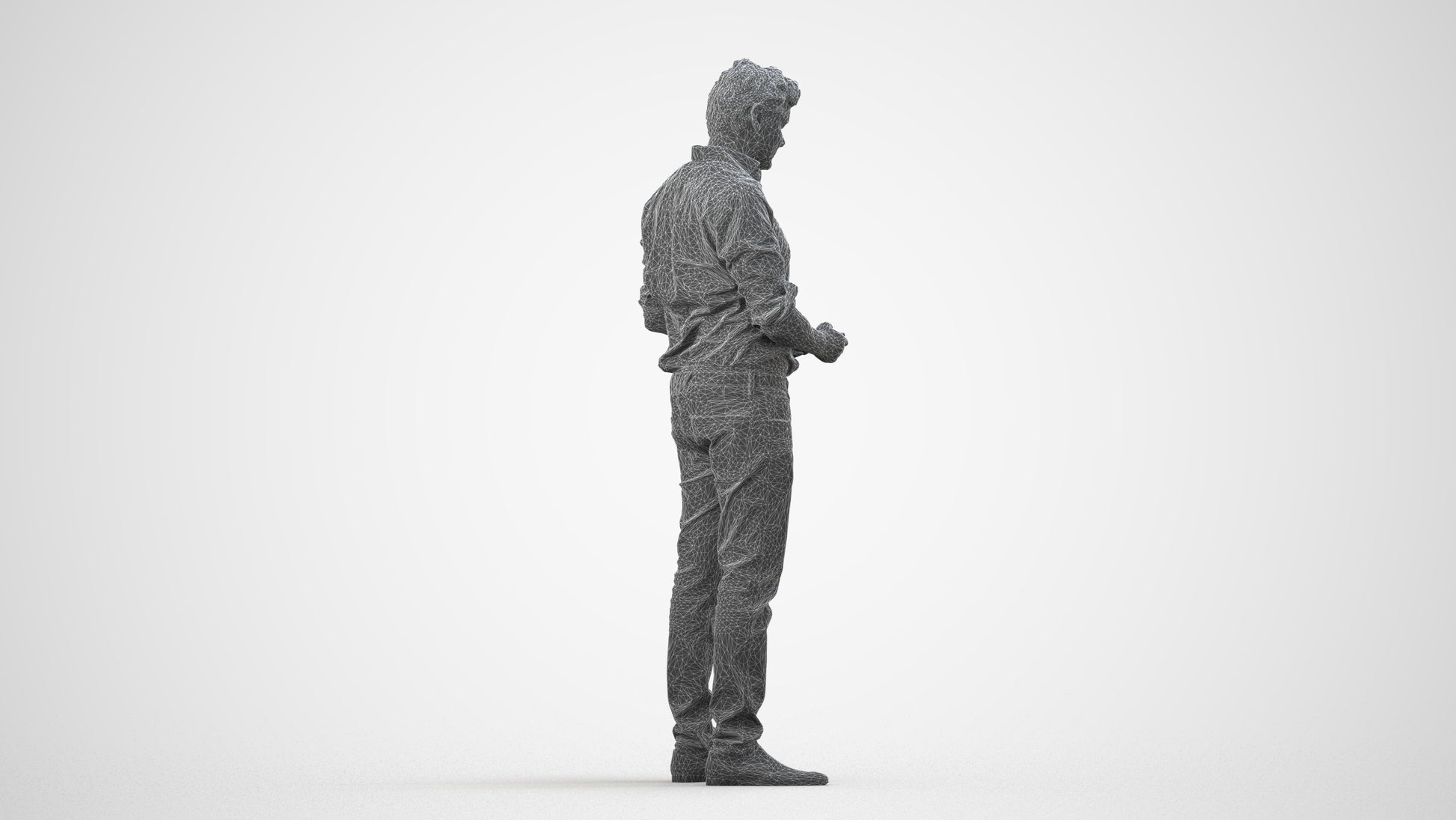 3D scanned man standing casual, photorealistic archviz people for Enscape and SketchUp, wireframe side view