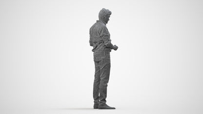 3D scanned man standing casual, photorealistic archviz people for Enscape and SketchUp, wireframe side view