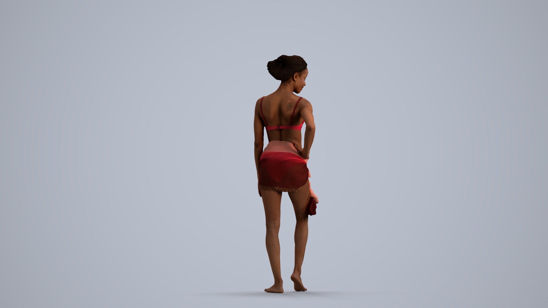 3D human model woman pool, photogrammetry scanned person for archviz, front view render