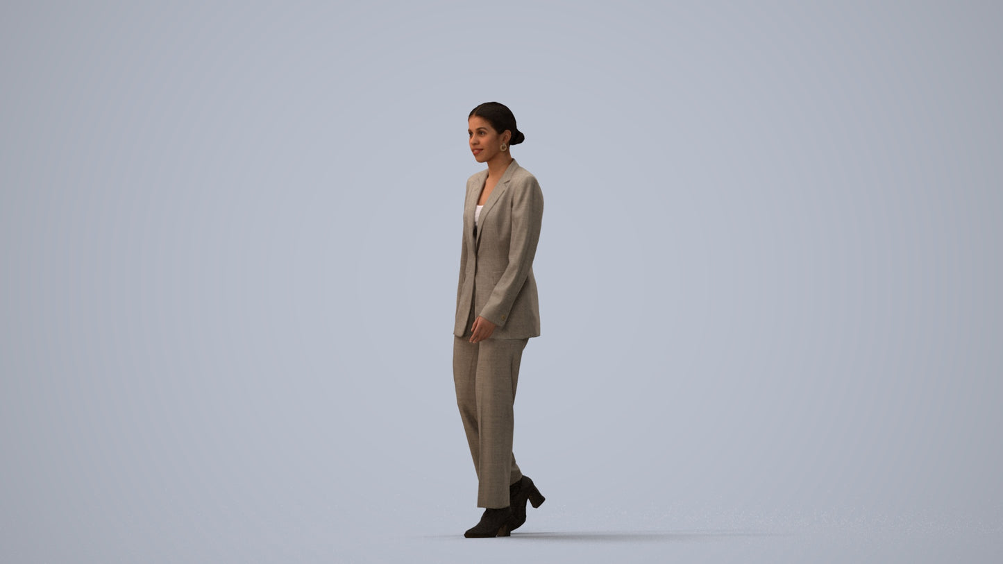 3D scanned woman standing business, photorealistic archviz people for Enscape and SketchUp, three-quarter view render