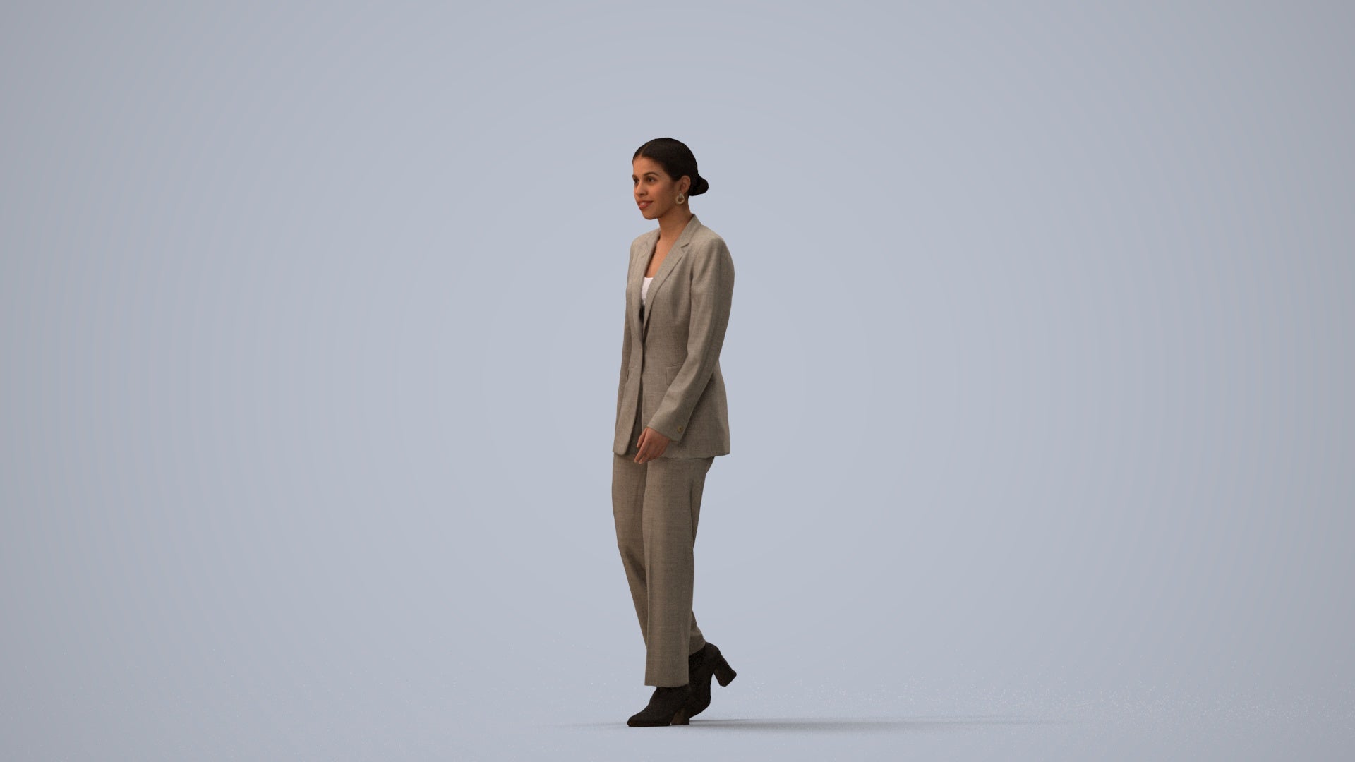 3D scanned woman standing business, photorealistic archviz people for Enscape and SketchUp, three-quarter view render