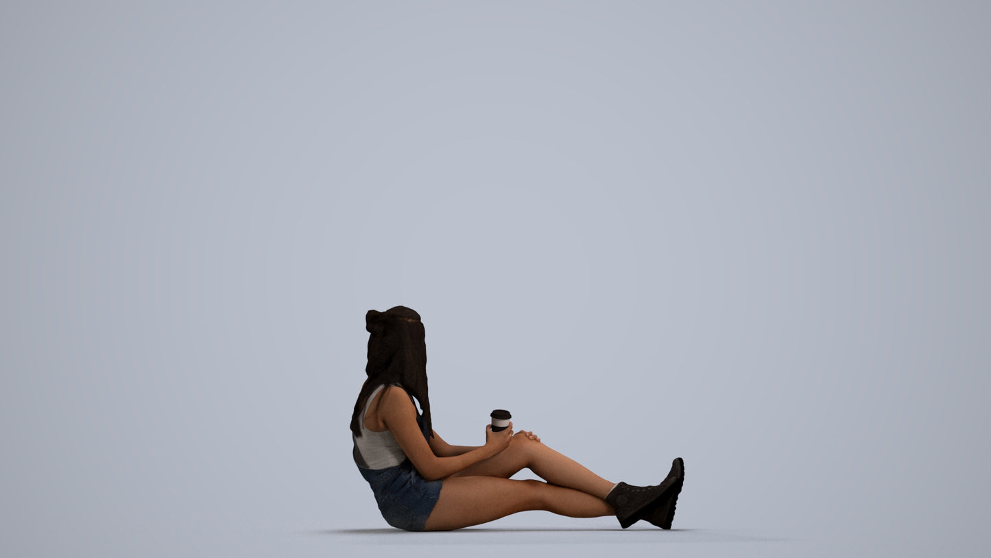 scanned 3D woman casual sitting, photogrammetry people for Enscape and V-Ray, front view render