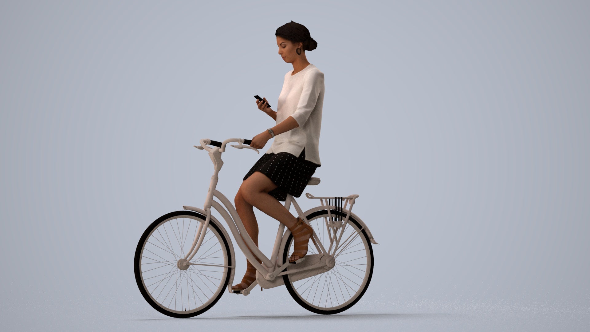 photogrammetry 3D woman casual cycling, realistic human model archviz FBX, three-quarter view render